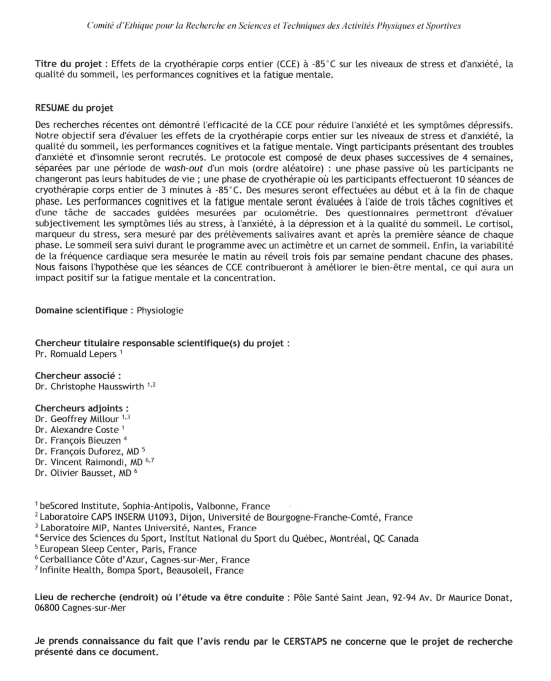 Effets de la cryothérapie corps entier (CCE) à -85°C sur les niveaux de stress et d'anxiété, la qualité du sommeil, les performances cognitives et la fatigue mentale